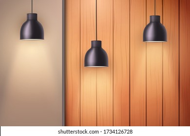 Wooden wall with niche and vintage pendant lamps. Concept of trendy interior or cover architecture design. Background of loft or showroom. Vector Illustration