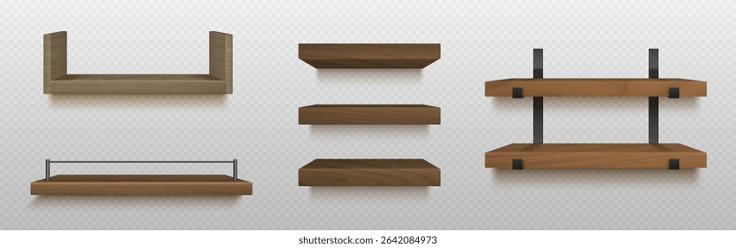 Wooden wall shelf collection - timber planks with metal brackets, brown storage boards for home decor. Modern furniture with mount, black supports, minimalist design elements in various styles.