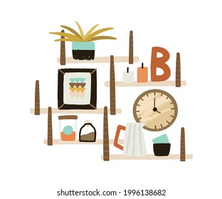 Wooden wall shelves with potted plant, candles, clocks, bottles, pitcher and cups for home interior decoration in Scandinavian style. Colored flat vector illustration isolated on white background