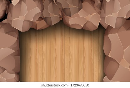 wooden wall under the rock cave