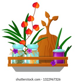 Wooden wall-mounted kitchen shelf with glass jars with spices isolated on white background. Vector cartoon close-up illustration.