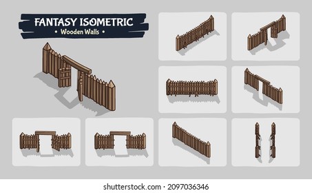 Wooden Walls Fantasy game assets - Isometric Vector Illustration