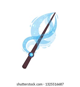 Wooden wand with blue gemstone and dust. Magic stick with bright glow. Flat vector for mobile game or story book