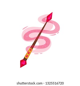 Wooden wand decorated with precious stones. Magic stick with pink dust. Witchcraft theme. Flat vector icon