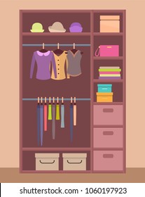 Wooden wardrobe with bright clothes on hangers and neatly piled, warm hats on top shelf and compact boxes that stands in hall vector illustration.