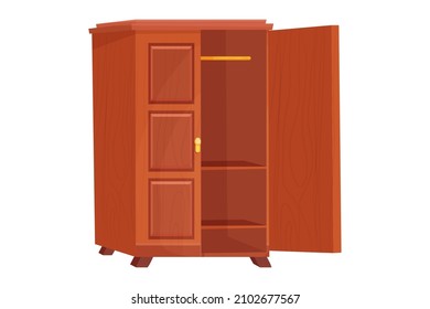 Wooden wardrobe empty furniture with shelf in cartoon style isolated on white background. Cupboard, drawer interior object.