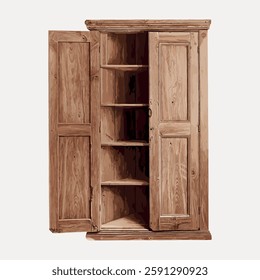 Wooden wardrobe with open doors, revealing shelves. The wardrobe showcases natural wood texture. Ideal for storage, this wooden piece adds rustic charm. Vintage art painting vector.