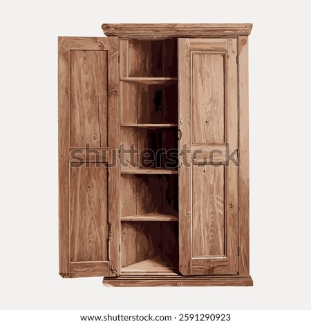 Wooden wardrobe with open doors, revealing shelves. The wardrobe showcases natural wood texture. Ideal for storage, this wooden piece adds rustic charm. Vintage art painting vector.