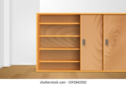 wooden wardrobe and wooden showcase in the white room