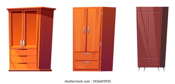 Wooden wardrobes, cabinets for bedroom interior isolated on white background. Vector cartoon set of brown closets for clothes and shoes storage, wood storing furniture with doors and drawers