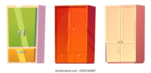 Conjunto de armarios de madera aislado sobre fondo blanco. Ilustración de dibujos animados de Vector de la colección de muebles para el hogar, armario de color para el dormitorio de los niños, armario moderno con puerta cerrada, diseño interior del dormitorio