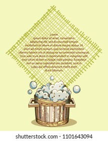 Wooden washer with soap foam. Tablecloth in a cage on a neutral background. The card for placement of information for clients of a bath, a sauna. Place for your text.