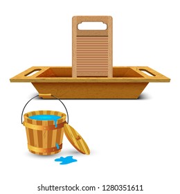 Wooden washtub for bathing and washing. Wooden bath tub and wooden bucket with clean drinking water. Wooden washboard Isolated on white background. Vector illustration.