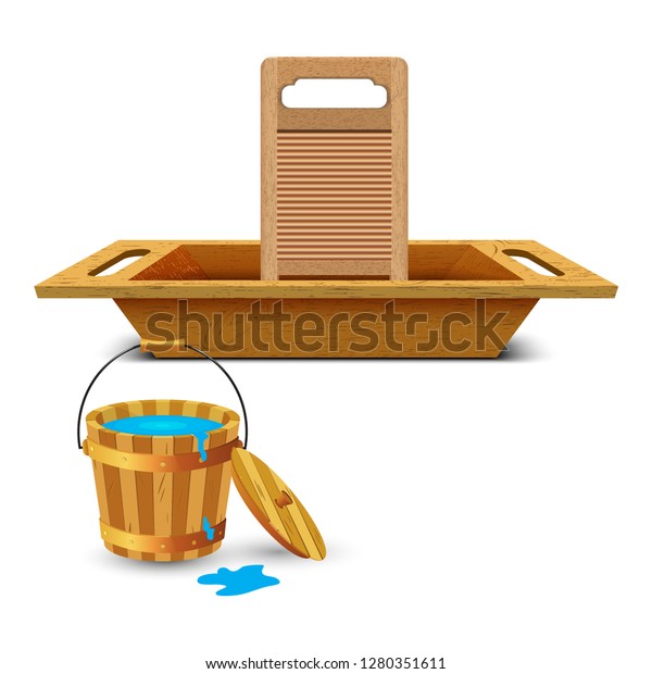 水浴びと洗濯用の木製洗い桶 清潔な飲み水を入れた木製の風呂桶と木製のバケツ 白い背景に木の洗濯板 ベクターイラスト のベクター画像素材 ロイヤリティフリー