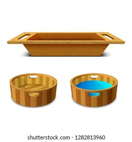 Wooden washtub for bathing and washing. Wooden buckets with clean drinking water.  Empty bowl or pelvis. Vector illustration isolated on white background. 