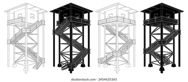 Torre de reloj de madera Vector 01. Ilustración De Estructura De Construcción Aislada Sobre Fondo Blanco.