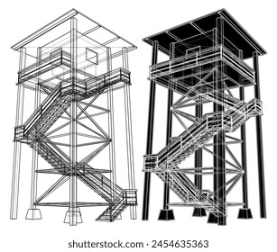 Wooden Watch Tower Vector 02. Construction Structure Illustration Isolated On White Background.