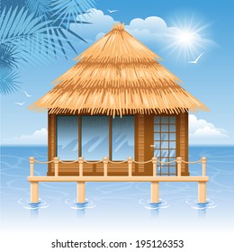 Wooden water bungalow on coast of tropical sea. Vector illustration.