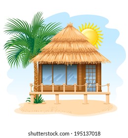 Wooden water bungalow on coast of tropical sea. Vector illustration.