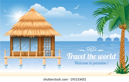 Wooden water bungalow on coast of tropical sea. Vector illustration.