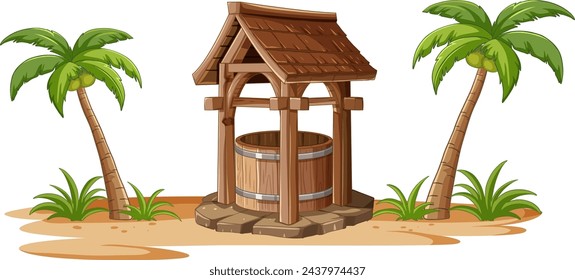 Wooden water well between two palm trees.