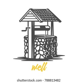 Wooden water well. Black and white vector object.