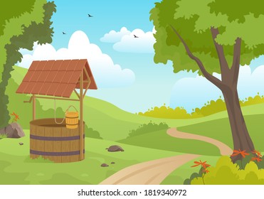 Wooden water well in forest illustration. Picturesque old spring with canopy and bucket on rope standing green meadow along road calm summer countryside trees flowers. Vector cartoon traditions.