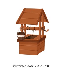 Wooden water well. Old rural structure with bucket, crank, rope, and wood roof. Traditional country construction for hydration and agriculture. Flat vector illustration isolated on white background