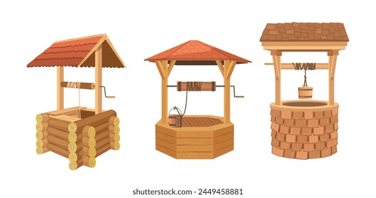 Wooden water wells with protective cover, bucket on rope and crank set on white background