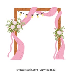 Wooden wedding arch with ribbons and flowers. A beautiful wedding. Pink roses, lanterns and light bulbs
