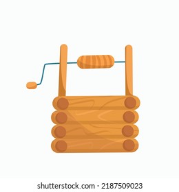 Wooden well with drinking water. Vector cartoon illustration.