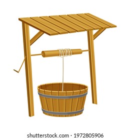 Wooden Well as Structure in the Ground for Accessing Water with Rope for Pulling Bucket Vector Illustration