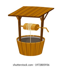 Wooden Well as Structure in the Ground for Accessing Water with Rope for Pulling Bucket Vector Illustration