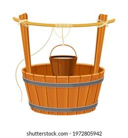 Wooden Well as Structure in the Ground for Accessing Water with Rope for Pulling Bucket Vector Illustration