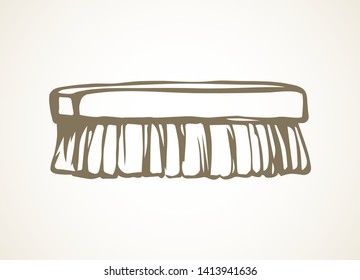 Wooden wet scrubber comb object on white home background. Outline black ink hand drawn boot clear maid worker logo pictogram sketchy in art retro doodle style pen on paper space for text. Close up vie