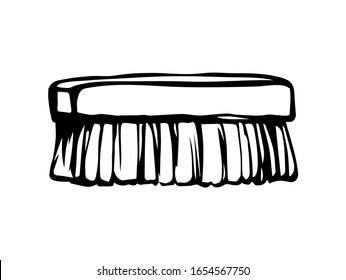 Wooden wet scrubber comb object on white home background. Outline black ink hand drawn boot clear maid worker logo pictogram sketchy in art retro doodle style pen on paper text space. Close up view