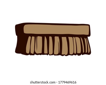 Wooden wet scrubber comb object on white home background. Outline black ink hand drawn boot clear maid worker logo pictogram sketchy in art retro doodle style pen on paper text space. Close up view
