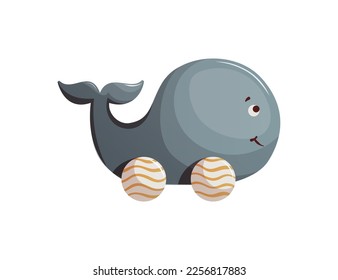 Wooden whale push toy. Children's toys, kid's shop, playing, childhood concept. Isolated vector illustration.