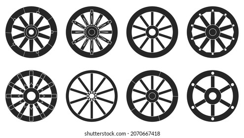 Wooden wheel black vector set illustration of icon.Wheel wagon vector set of icon.black collection wooden cartwhee wagon on white background.
