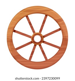 Wooden wheel in cartoon style, textured and detailed isolated on white background. Wild west ui asset, rustic, rural object, ancient, vintage element stock vector illustration.