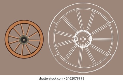 Wooden wheel full color and line sketch