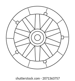 Wooden wheel outline vector icon.Outline vector illustration wagon. Isolated illustration of wooden wheel of wagon icon on white background.