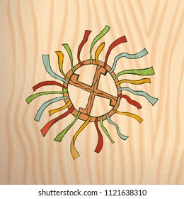Wooden wheel with ribbons, a symbol of Russian culture for the design of Slavic holidays and festivals. Hand drawing in sketch style on wood background. Vector illustration. EPS 10.