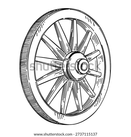 wooden wheel vector line art hand drawn illustration