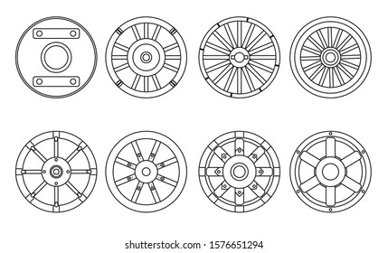 Wooden Wheel Vector Line Set Icon.Vector Illustration Cart Of Wheel. Isolated Line Icon Cartwheel For Wagon On White Background .