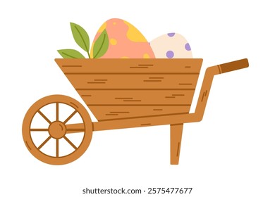 Wooden wheelbarrow with Easter eggs. Flat vector illustration isolated on white background
