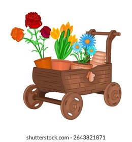 Wooden wheelbarrow with flowers and pots isolated on white background. Garden trolley with potted flowers. Wagon with plant for garden. Plants for backyard. Stock vector illustration