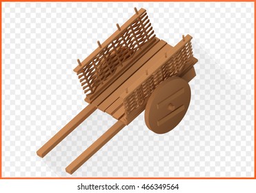 wooden wheelbarrow isometric. Wain vector 3d illustration. Cart isolated on white background