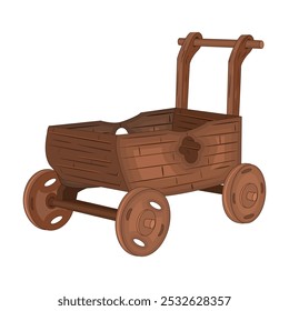 Wooden wheelbarrow on white background. Empty farm cart. Old brown barrow. Garden wood trolley. Countryside agricultural equipment with wheels for harvesting. Harvest festival. Vector illustration