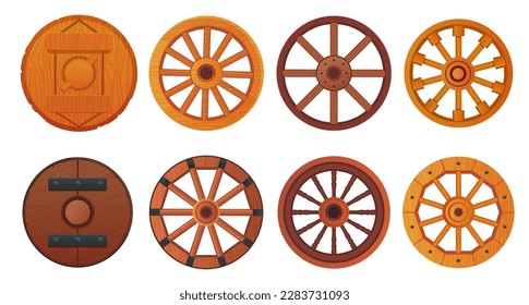 Wooden wheels. Cartoon wood wheel of ancient wagons or rustic wheelbarrows, vintage cartwheel with hub farm cart van vintage carriage isolated ingenious vector illustration of ancient old wheels